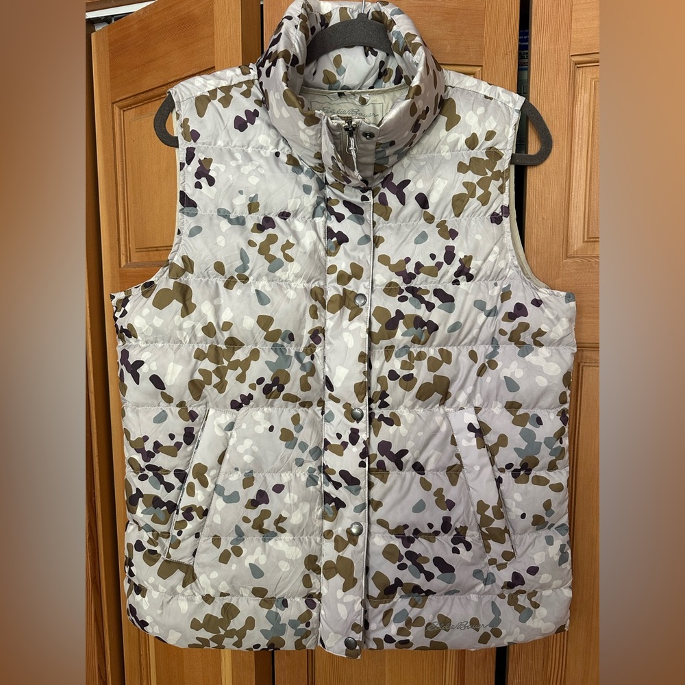 Eddie Bauer Vest Womens M Stratus Therm Down Puffer Print Full Zip Outdoor Ecru